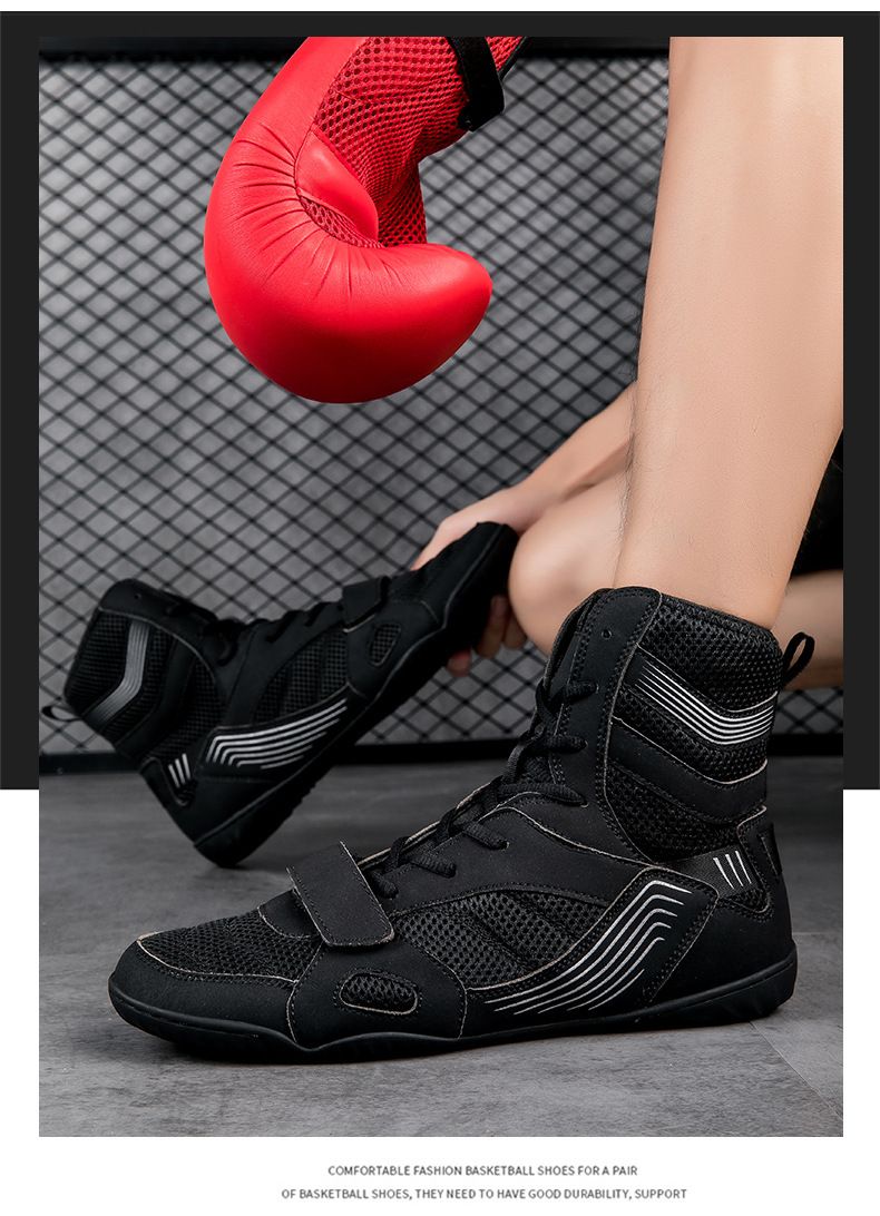 2024 Hohe rutschfeste, atmungsaktive Box- und Kampftrainingsschuhe für Herren und Damen, strapazierfähig, Wrestling-Schuhe_voghion.com