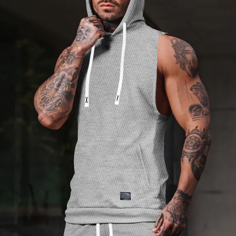 Felpa con cappuccio in maglia jacquard casual da uomo, senza maniche, con tasca applicata e coulisse_voghion.com