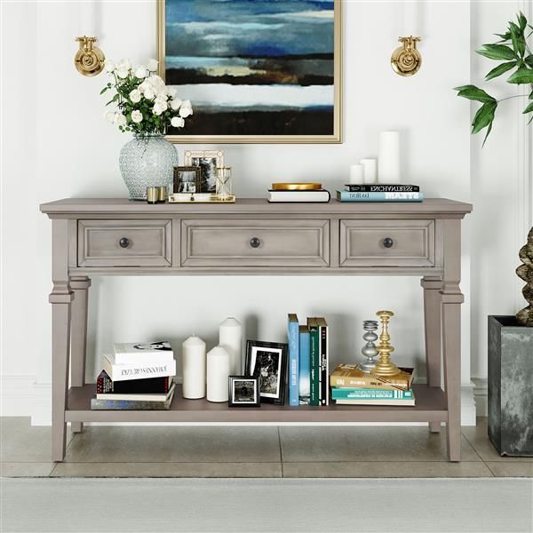 Classic Retro Style Console Table With Three Top Drawers And Open Style Bottom Shelf, Easy Assembly (Gray Wash)_voghion.com