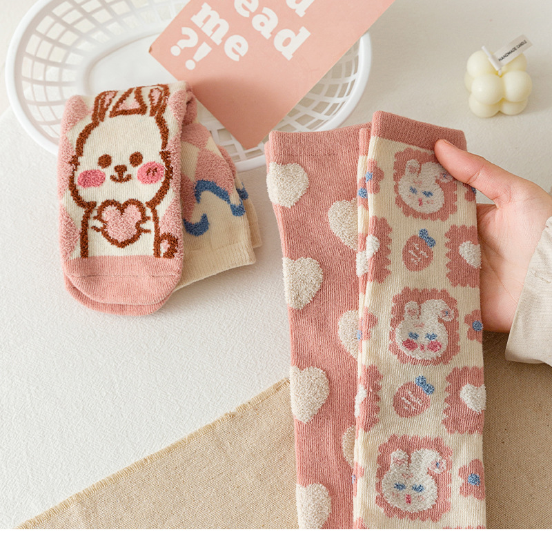 Kids'socks Nuevos calcetines de tubo medio rectos para niños con conejo rosa de dibujos animados de invierno para niños_voghion.com