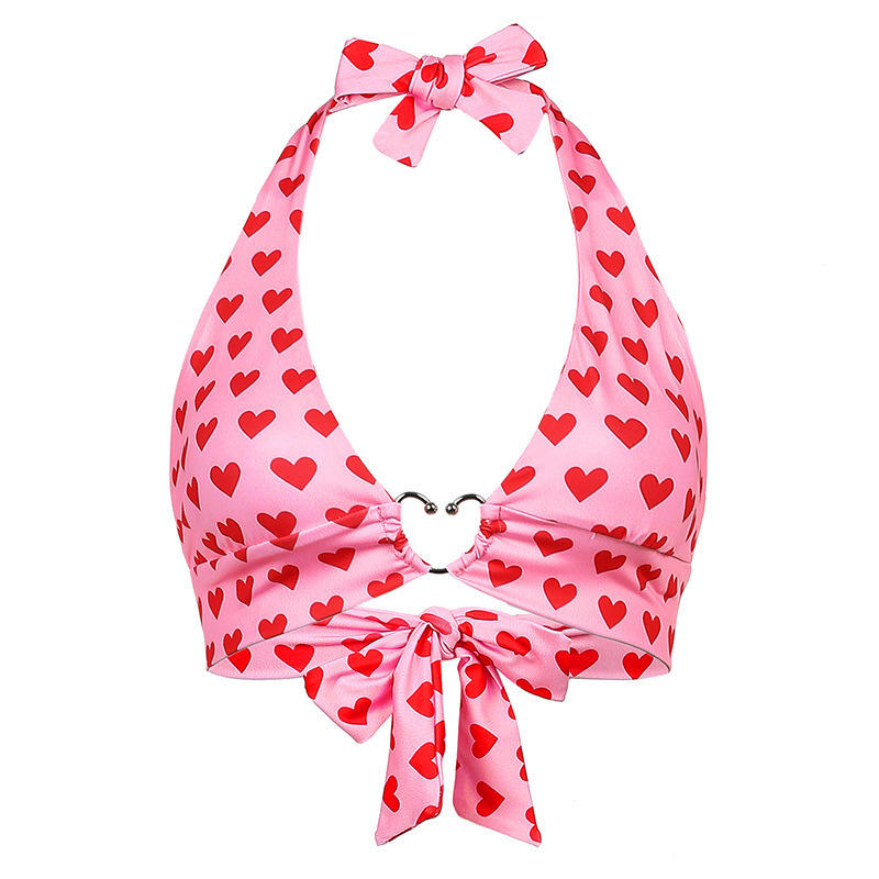 Women sexy sweet love printed metal buckle halter top suspender bra vest wearing suspender bra._voghion.com