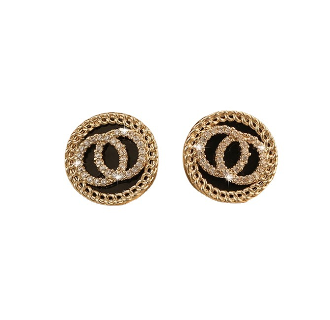 Orecchino a bottone con cerchi tondi doppi in cristallo smaltato nero per le donne Regalo per ragazza all'ingrosso dolce e semplice in stile coreano_voghion.com