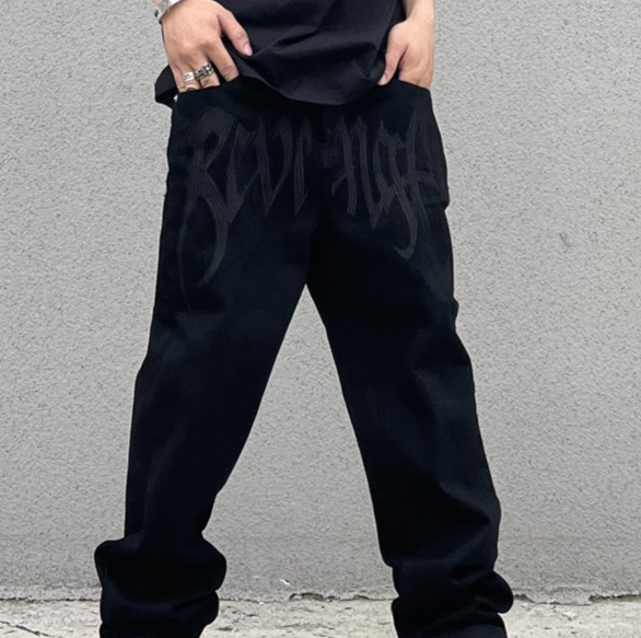 Meeste rõivad Meeste ja naiste rahvusmood High Street Ameerika stiilis retrotikandiga kirjad kõrge vöökohaga sirge hiphop lahtised teksad_voghion.com