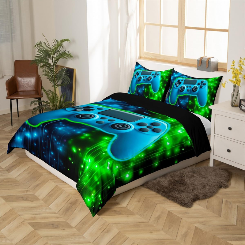 Gamepad-Bettbezug-Set mit grünem und blauem Licht, Doppelgröße für Kinder, Jungen, Teenager, Gamer-Bettwäsche-Set, Gaming-Bettbezug, Came Room Decor_voghion.com