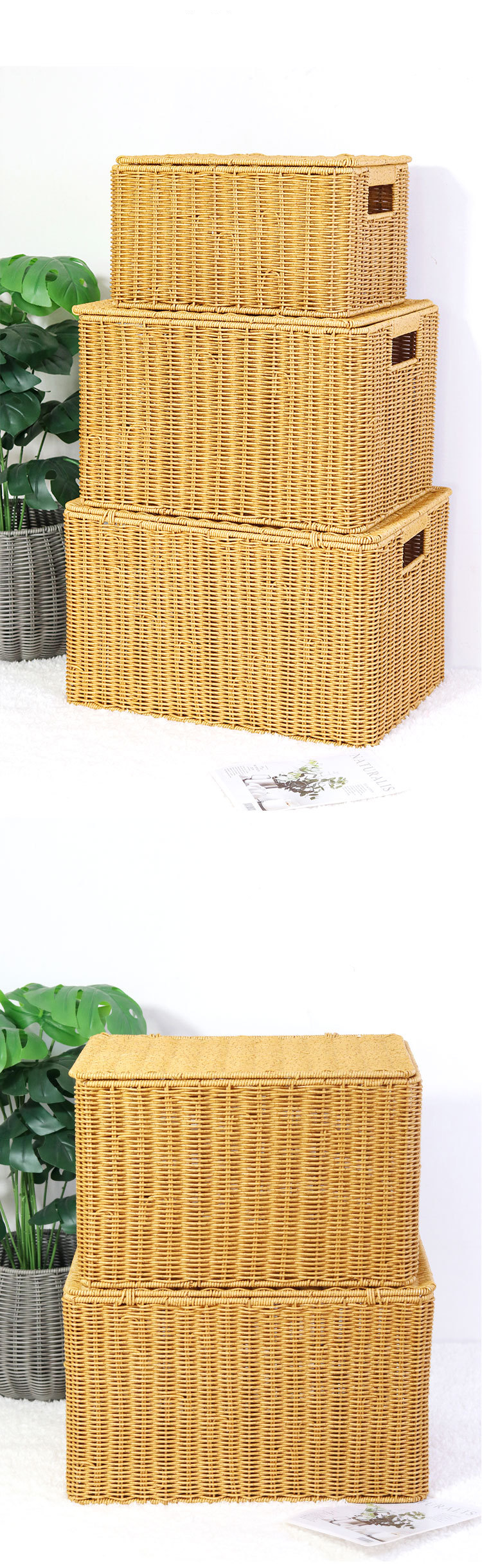 Woven Storage Basket With Lid - Multi-Use Organizer For Clothes, Bedroom & Outdoor (Rattan-Look, Breathable & Stylish)_voghion.com