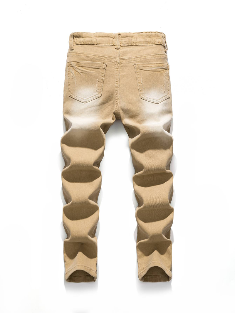 Boys' Khaki Denim Washed And Painted Craftsmanship Simple, Casual, Fashionable And Versatile Suitable For Daily Travel College Casual Denim Pants_voghion.com