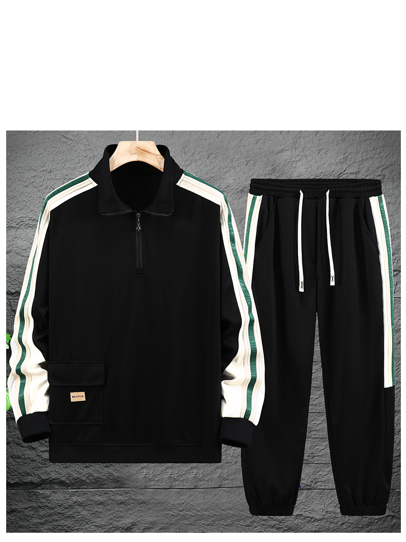 Conjunto deportivo informal para hombre: sudadera con media cremallera y pantalón deportivo, elegante conjunto de bloques de color (5XL-11XL)_voghion.com