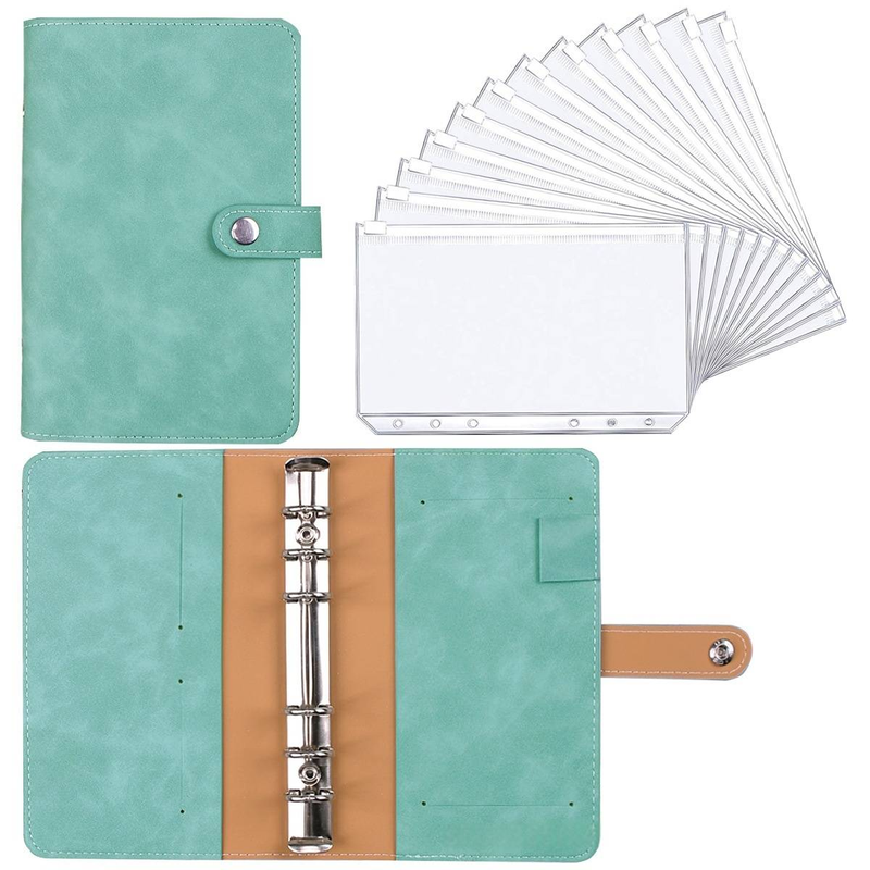 Caderno A6 de couro PU com mecanismo de 6 argolas, inclui 12 bolsos com zíper e 16 adesivos – perfeito para orçamento, diário e organização_voghion.com