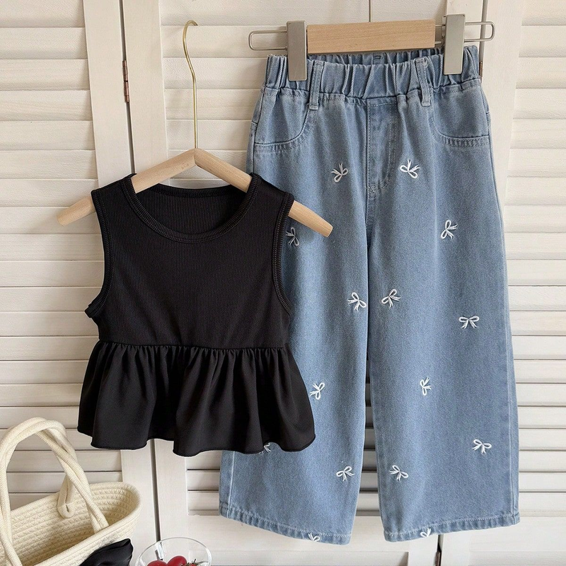 Completo da bambina composto da top girocollo in maglia e jeans ricamati con fiocco, 2 pezzi, morbido misto cotone, comodo ed elegante, perfetto per la primavera e l'estate, età 4-7 anni_voghion.com