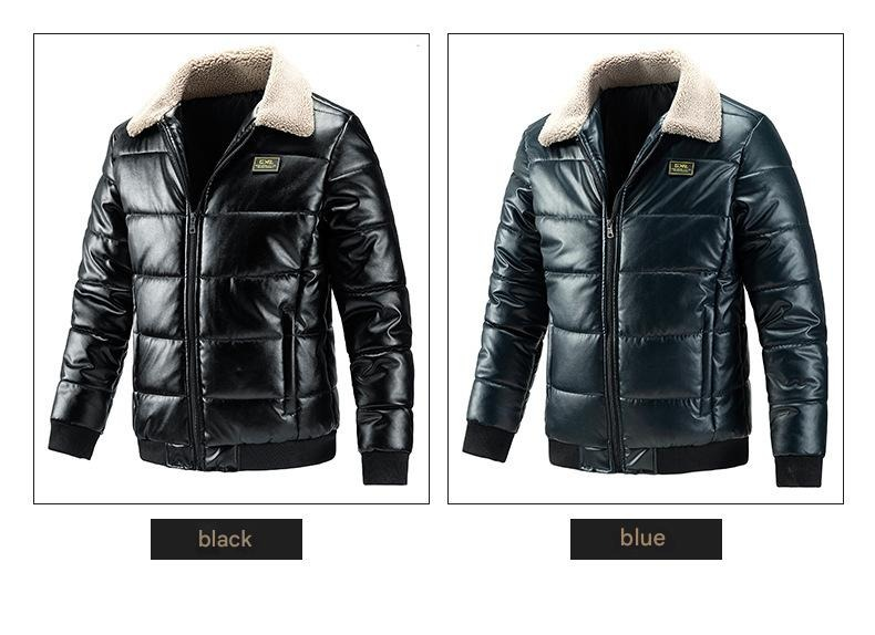 Herenkleding Heren imitatieleren bomberjack - Gevoerde gewatteerde jas met afneembare schapenvachtkraag (bikerstijl)_voghion.com