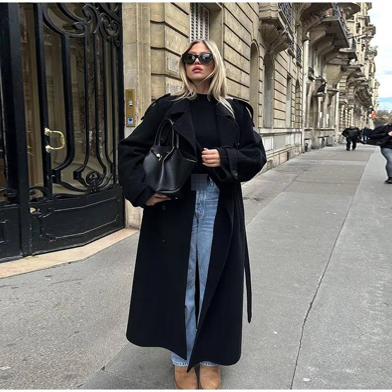 Women's Long Trench Coat - Spring Elegant Double-Breasted Lapel Jacket, Loose Fit Polyester Overcoat For Casual & Office, Beige/Black/Navy_voghion.com