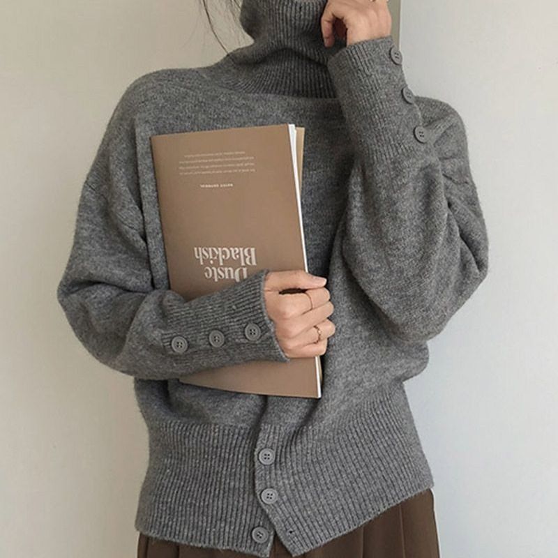 Maglione lavorato a maglia ampio con collo alto da donna - Pullover invernale morbido ed elegante in tinta unita_voghion.com