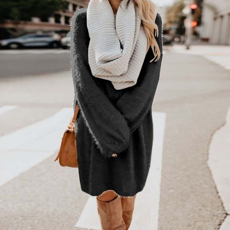 Robe ample en peluche mi-longue à manches longues et col rond pour femme automne/hiver 2023_voghion.com