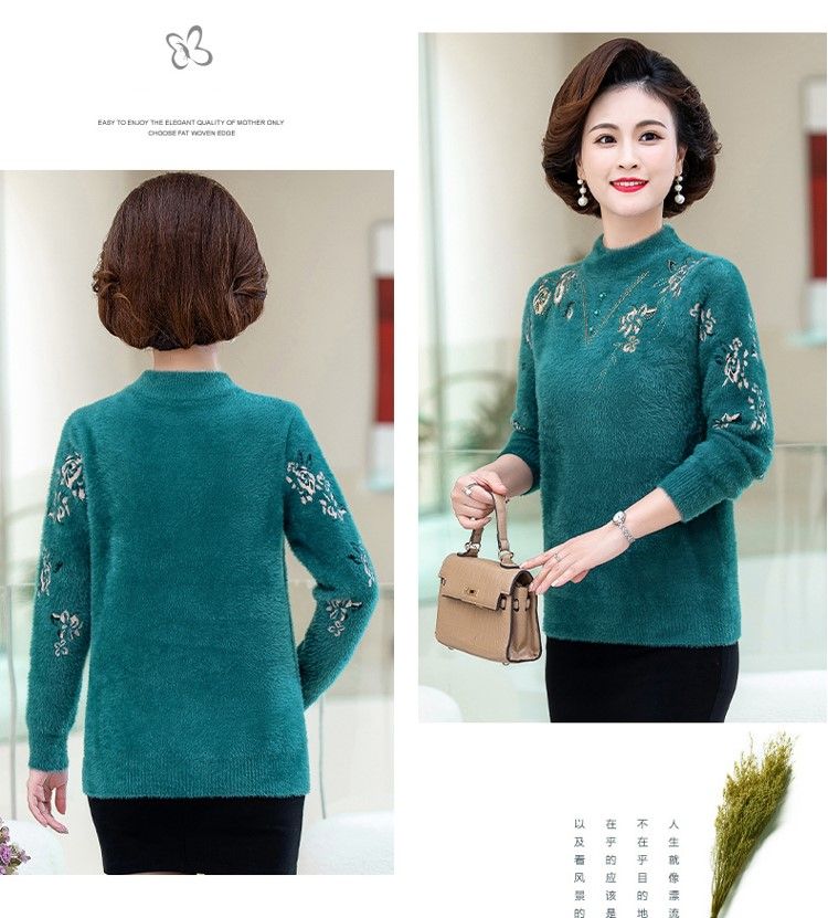 Tenue d'automne et d'hiver pour maman, nouveau pull épais en fourrure de vison pour femmes âgées d'âge moyen, haut ample et chaud, col mi-haut_voghion.com