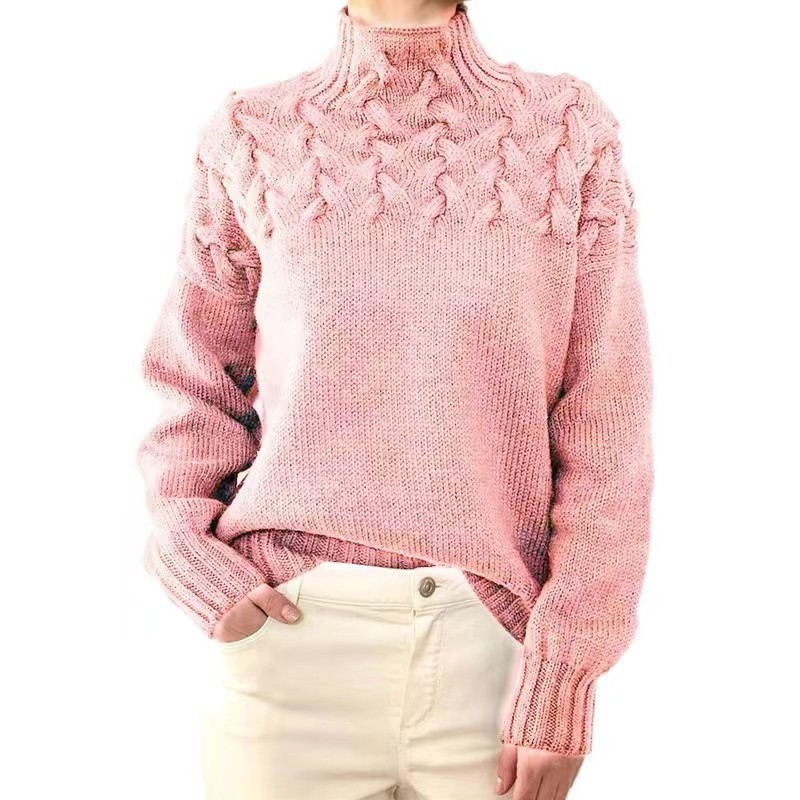 Women's casual long-sleeved turtleneck solid color sweater pullover_voghion.com