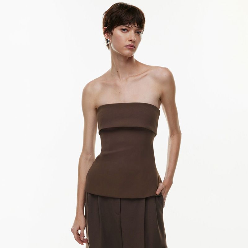 Women's Summer New Style Strapless Backless Slim Fit Slit Solid Color Casual Collar T-shirt Top_voghion.com