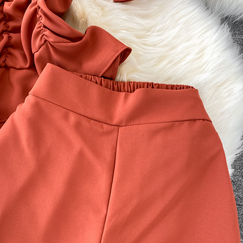 Pantalon décontracté pour femmes, taille haute, drapé, jambes larges, ensemble deux pièces, col carré, chemise courte et slim_voghion.com