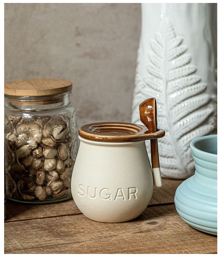 Barattolo per condimenti in ceramica retrò con coperchio, cucchiaio, barattolo per sale e strutto_voghion.com