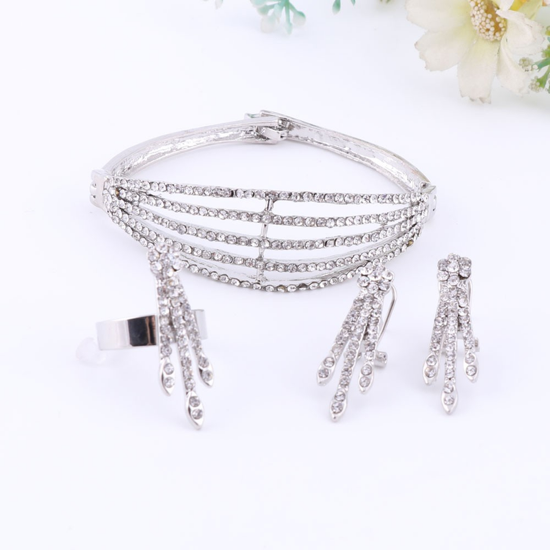 Feine afrikanische Perlen Schmucksets Halskette Armreif Ohrringe Ringe Kristall Party Hochzeit Goldfarbe Brautzubehör_voghion.com