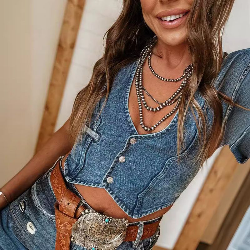 Dámské oblečení Nová osobnost Hot Girl Dámská bez rukávů Jednořadové top s výstřihem do V Džínová vesta_voghion.com