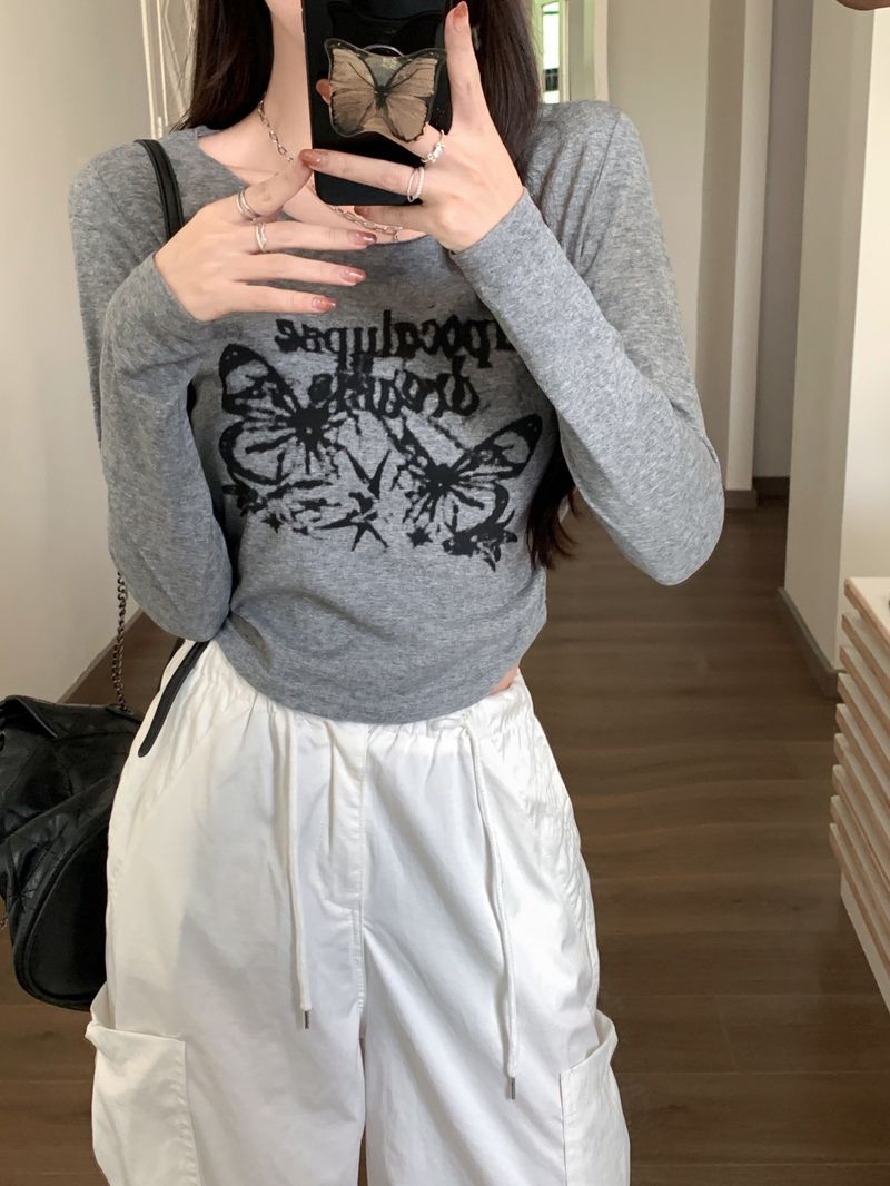 878 # 26 count pure cotton (100% cotton) 2024 autumn long sleeved T-shirt for women with micro transparent printing_voghion.com