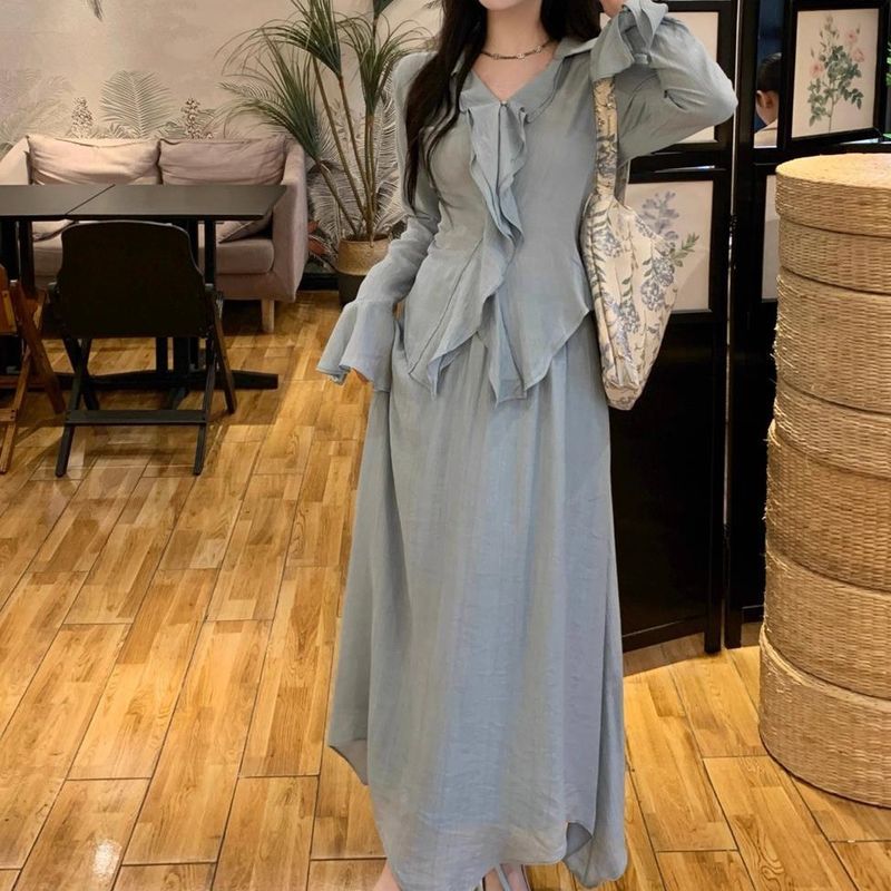 2025 Spring French Retro Ruffled Long Sleeve Shirt Two-Piece With Irregular Design Half Skirt Set_voghion.com