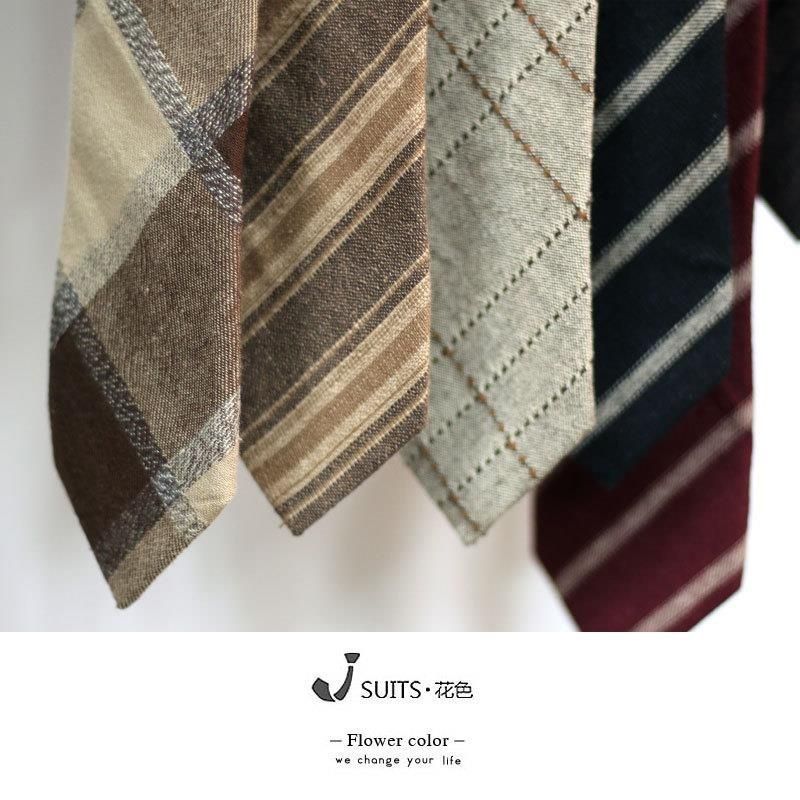 Cravatta in lino marrone, cotone, giallo, rosso scuro, nero opaco, retrò, casual, stile britannico giapponese, 7 cm_voghion.com