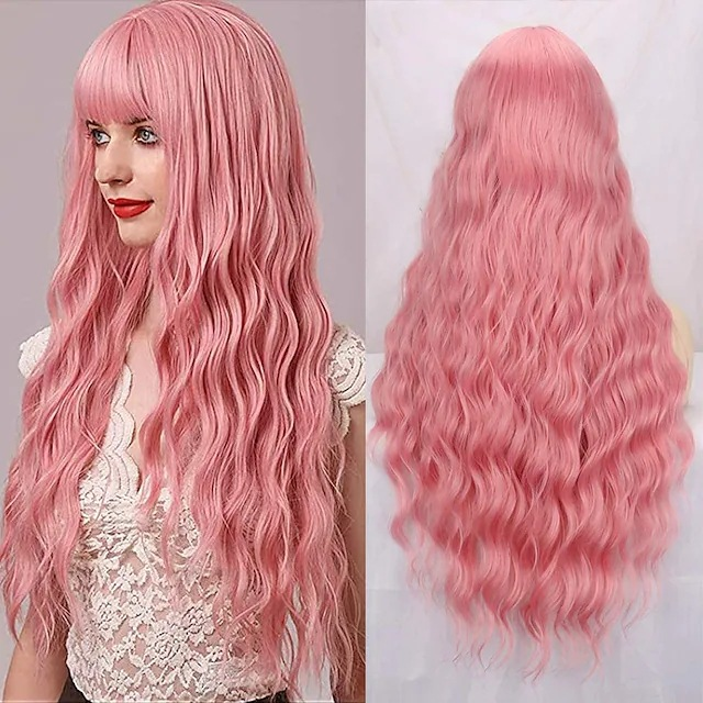 Synthetic wig New Women's Small Water Wave Pattern Wool Long Curled Hair Straight bangs Multi color Chemical Fiber Head Cover_voghion.com