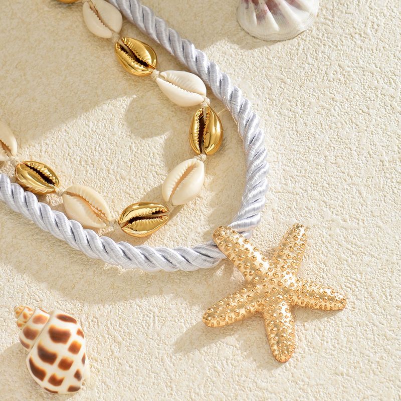 Gold Exaggerated Beach Style Alloy Accessories Handmade Shell Starfish Necklace Women's Collarbone Chain_voghion.com