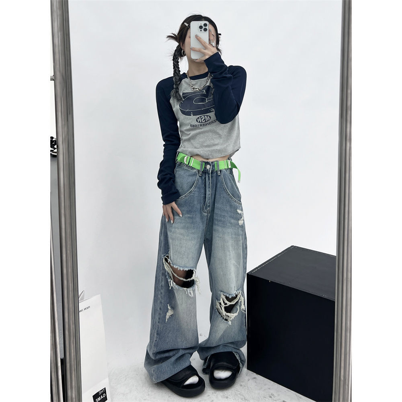 HOUZHOU Vintage Y2K Patchwork Groene T-shirts Vrouwen Hippie Streetwear T-shirts met lange mouwen Vrouwelijke Kpop Retro Herfst Crop_voghion.com