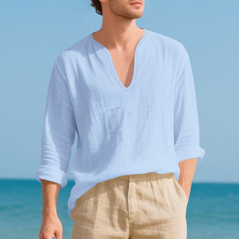 Maglietta a maniche lunghe da uomo in lino, casual, traspirante, con scollo a V, taglia grande, nuova collezione autunno-inverno_voghion.com
