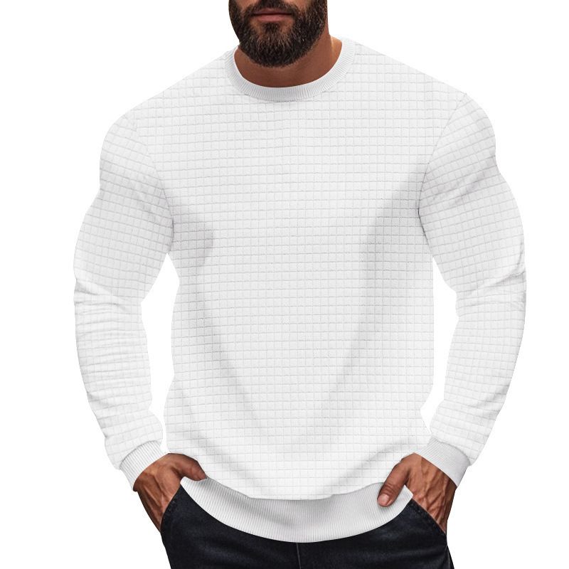 Camiseta de manga larga con estampado de jacquard cuadrado para hombre: transpirable, holgada, informal, de cuello redondo, ligera y para combinar con otras prendas (blanco/gris oscuro)_voghion.com