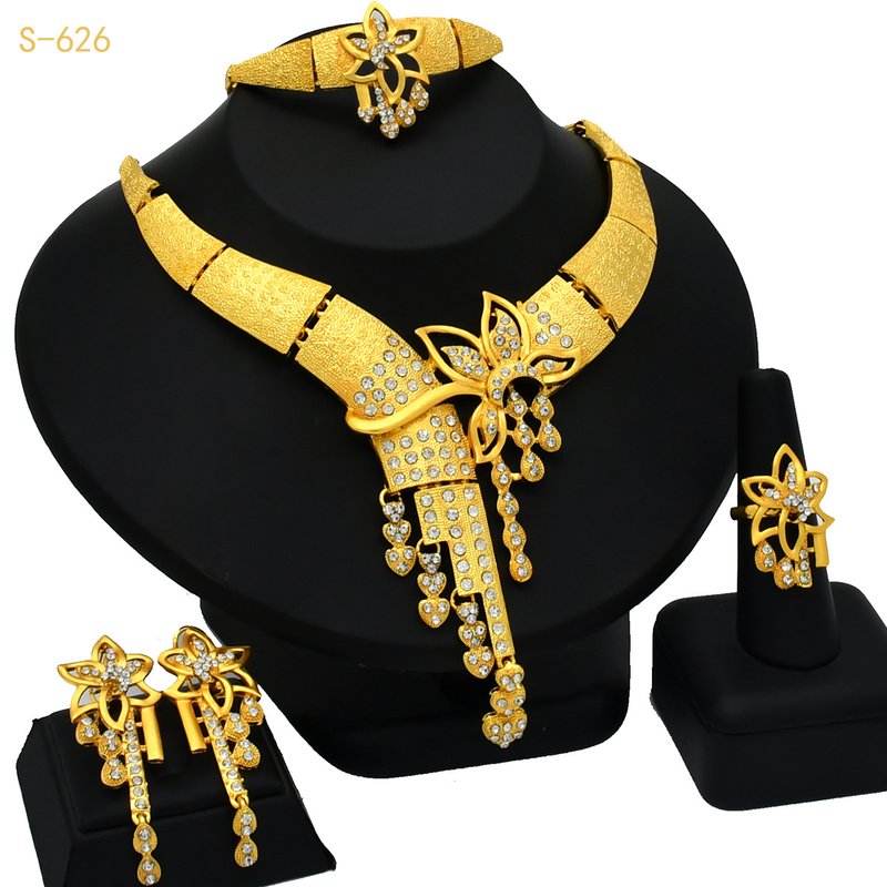 Vergulde sieradenset bloem overdreven lange ketting ring armband oorbellen 4-delige set_voghion.com