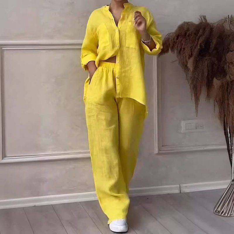 Set di pantaloni a gamba larga con coulisse e camicia casual in cotone e lino tinta unita_voghion.com
