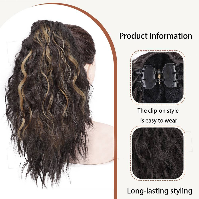 Brown Mixed With Gold Trendy Water Wave Ponytail Clip 16inch_voghion.com