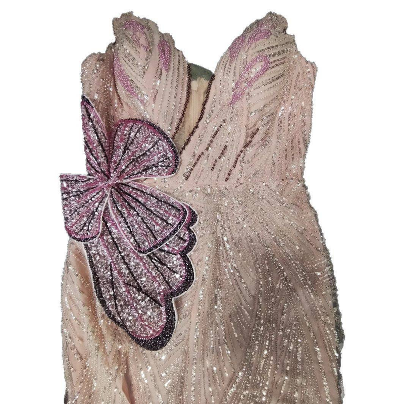 Elegante abito da sera a sirena con spalle scoperte, paillettes e farfalle, con spacco alto - Abito formale in poliestere elasticizzato per balli di fine anno, banchetti e feste_voghion.com