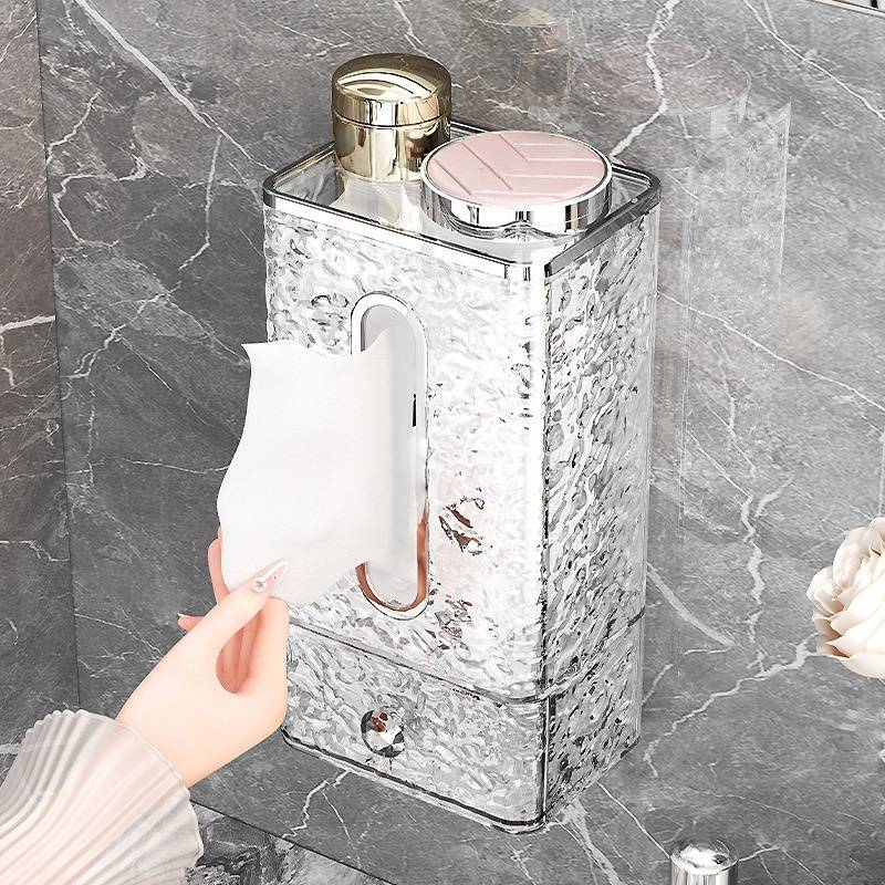 Wandgemonteerde transparante tissueboxhouder met lade - Stijlvolle badkamer- en keukenpapierorganizer (multifunctioneel, waterbestendig)_voghion.com