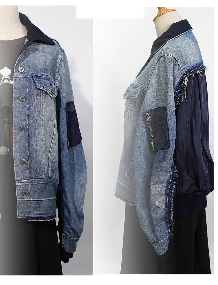 Women's Distressed Denim Jacket - Vintage Blue Oversized Boyfriend Jean Jacket With Raw Hem_voghion.com