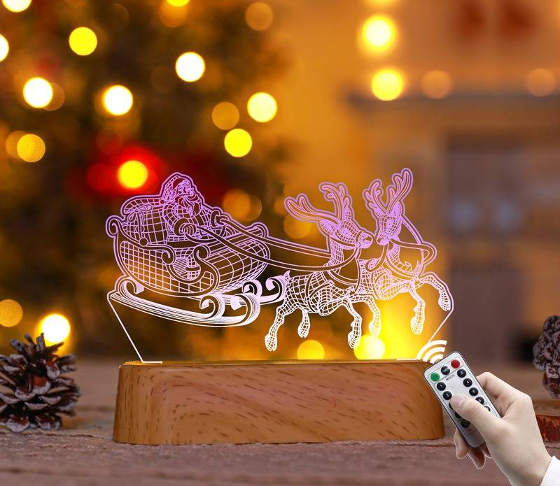 Luz nocturna acrílica con forma de árbol de Navidad y ciervo, decoración navideña LED, opciones en blanco cálido y colorido, base con veta de madera, decoración festiva para el hogar y el escritorio._voghion.com