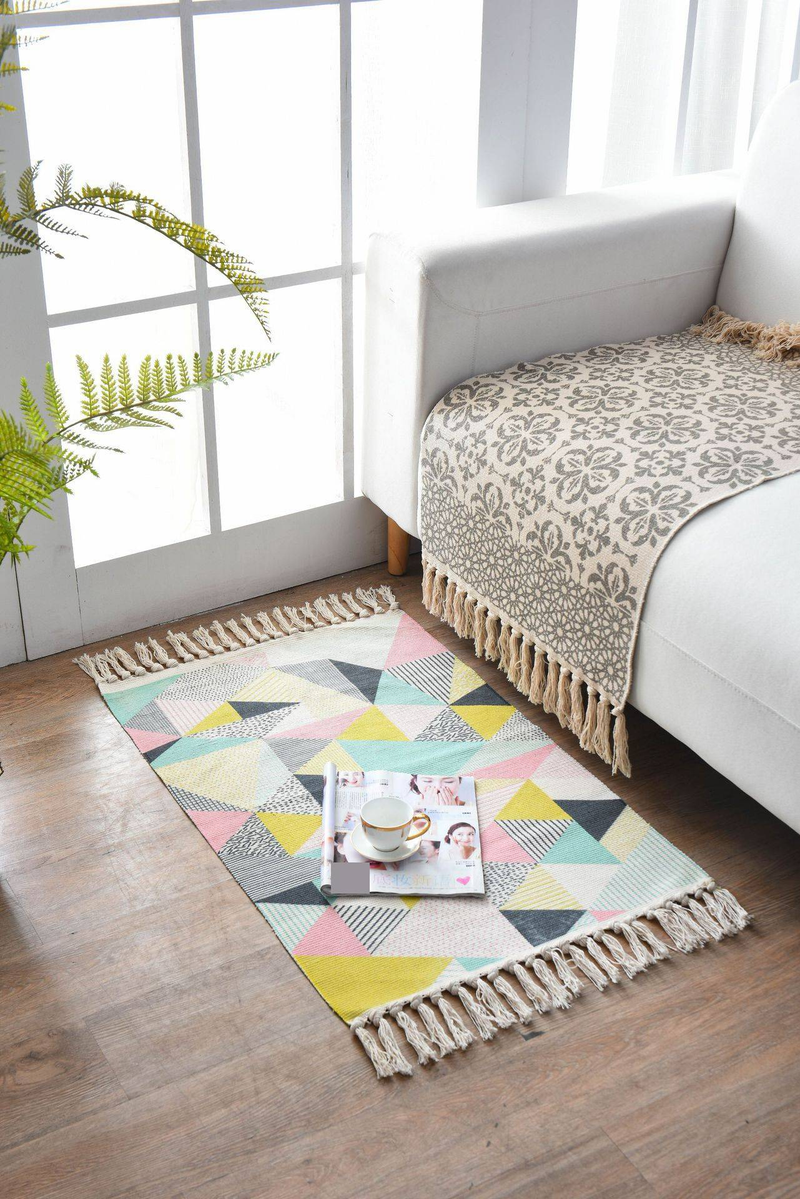Tappeto in cotone tessuto a mano - 60x90 cm, stile bohémien, a righe, per soggiorno, camera da letto e ingresso (disegno geometrico, lavabile in lavatrice)_voghion.com
