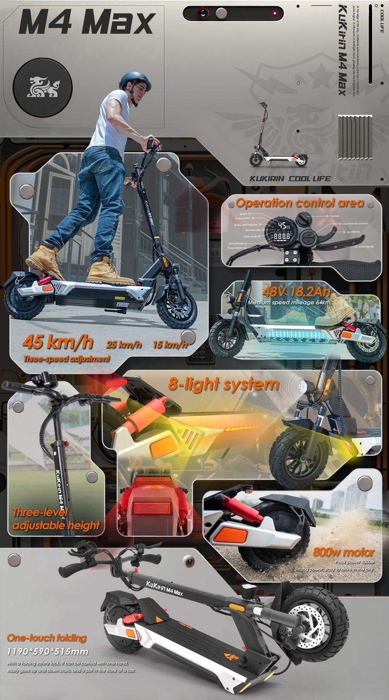 Patinete eléctrico plegable KuKirin M4 Max, 1000 W, 48 V, 18,2 Ah, neumáticos de 10 pulgadas, 45 km/h, frenos de disco delanteros y traseros._voghion.com