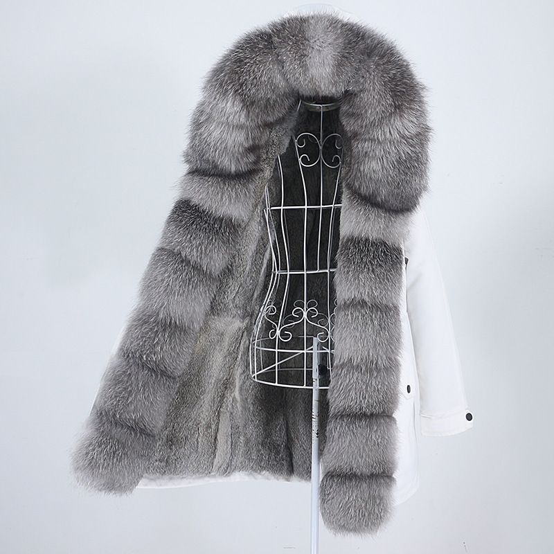 Damenbekleidung Abnehmbarer Innenmantel mit Fuchspelzkragen Mittellang Modischer warmer Kapuzenmantel_voghion.com