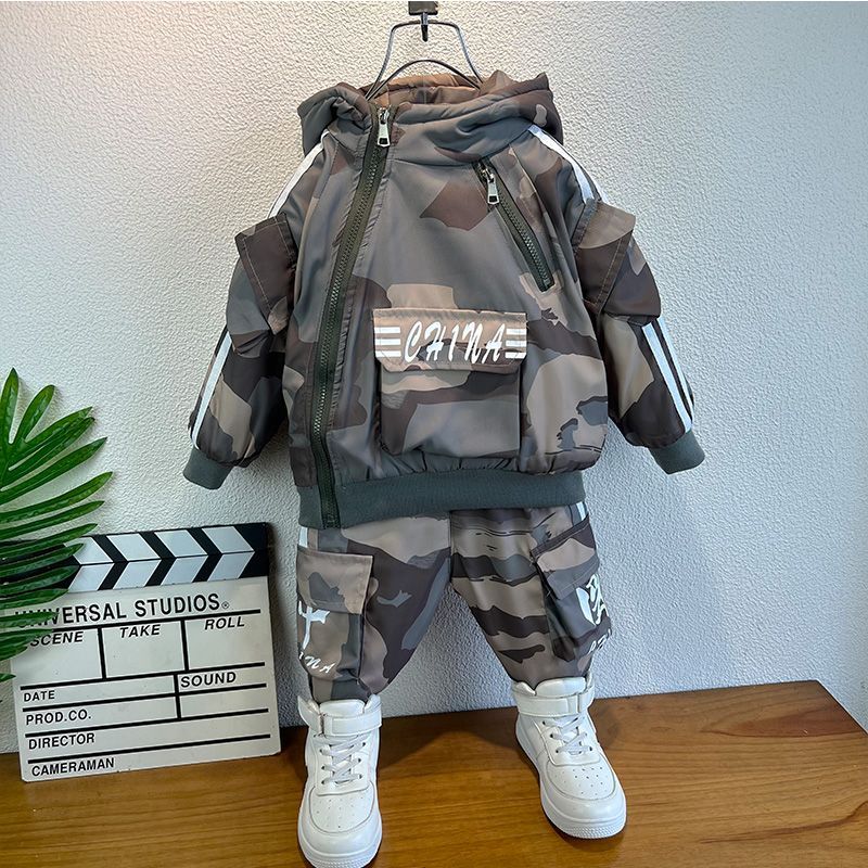 Conjunto de ropa para bebé niño, otoño e invierno, nuevo conjunto de 2 piezas con capucha y pantalones de camuflaje gruesos para niños_voghion.com