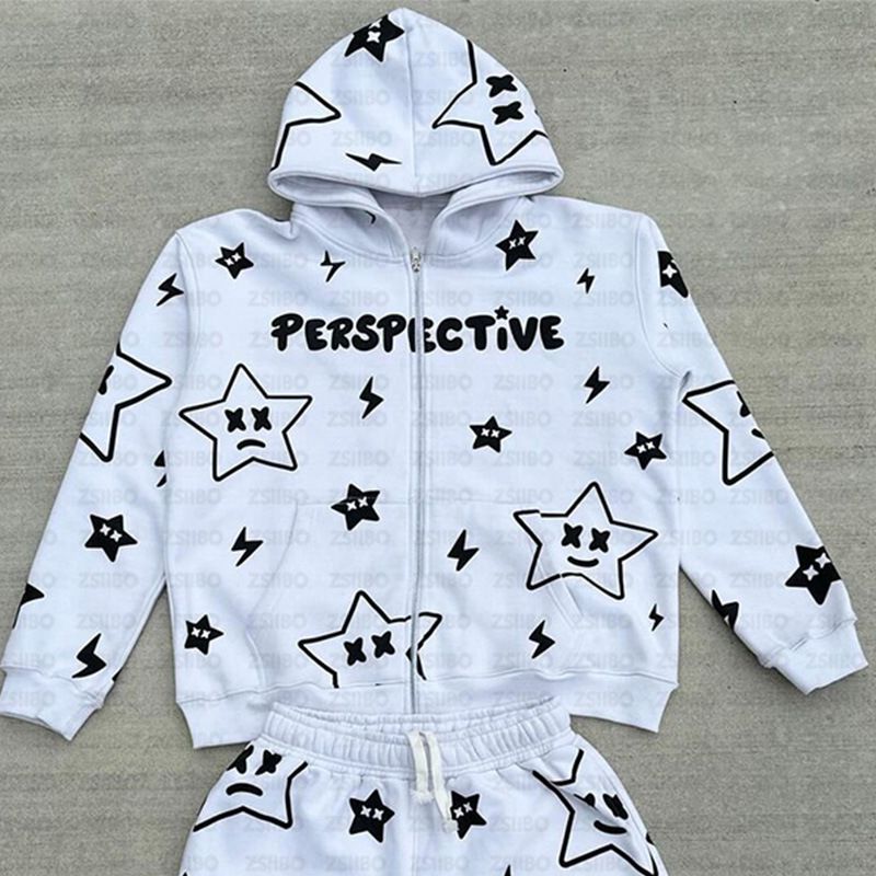 Felpa con cappuccio stampata con stelle Street Trend per uomo e donna, giacca versatile con cerniera_voghion.com