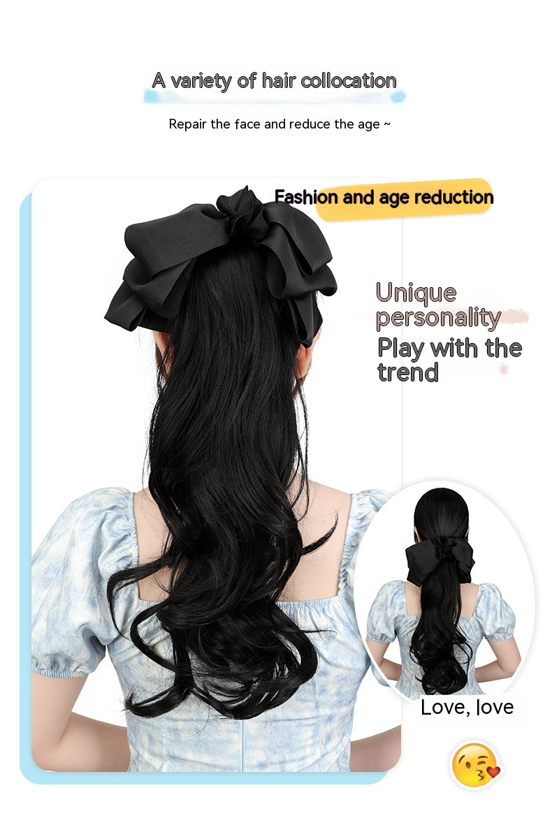 Nuova parrucca di vendita calda con fiocco nero e piccola clip sulla coda di cavallo, capelli ricci lunghi, copricapo rosso Internet, accessori per capelli realistici e naturali_voghion.com