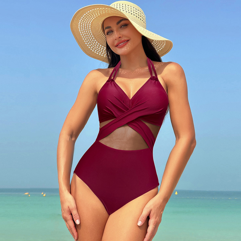 Maillot de bain une pièce en maille de couleur unie pour femme, nouveau modèle 2025_voghion.com