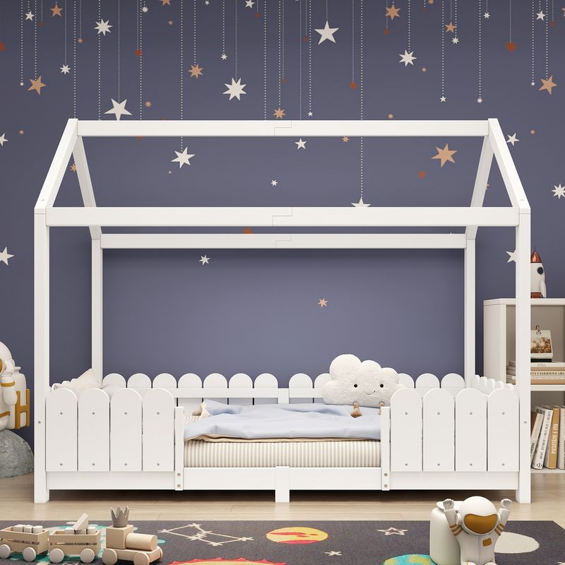 Hausbett 90x200cm, Holz-Kinderbett Mit Rausfallschutz, Bianco_voghion.com