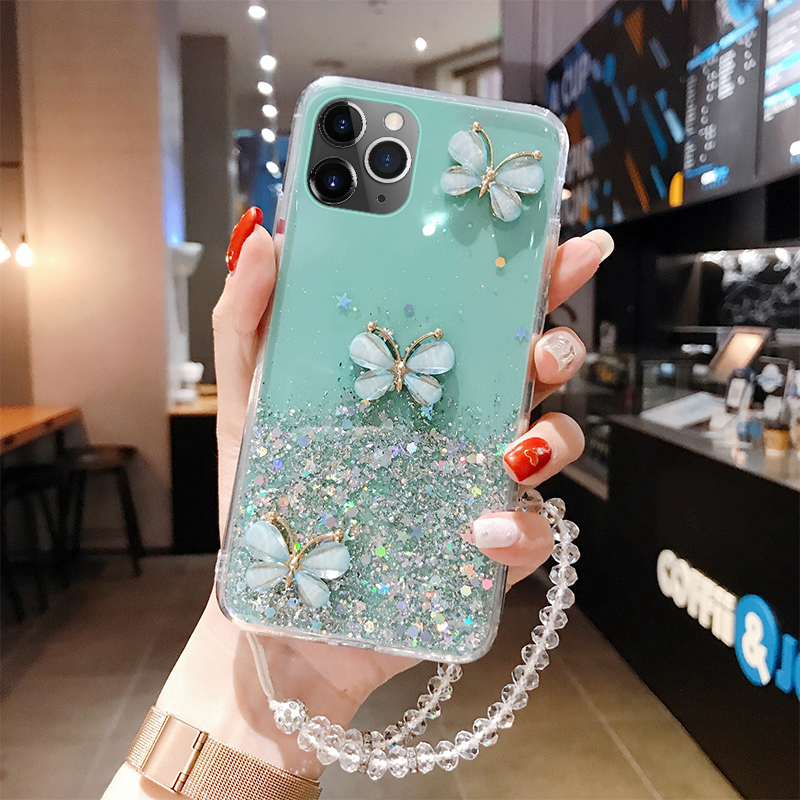 Luxury Cute Bling Glitter Lanyard Silicone Phone Case For iPhone 14 13 12 11 Pro XS Max SE XR X 8 7 Plus Ultra-thin Strap Cover_voghion.com