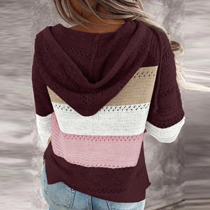 Roupas femininas New Wish Outono e Inverno Listrado Com Capuz Suéter Estampa Leopardo_voghion.com