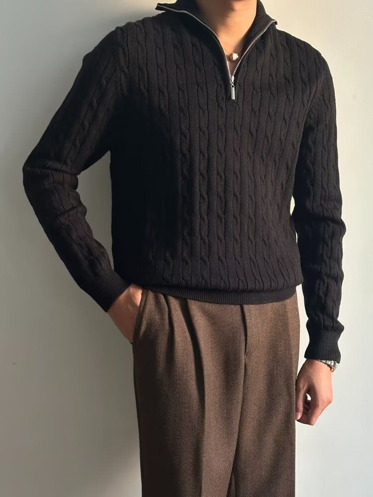 Maglione con mezza zip da uomo autunno 2024 nuova versione coreana di nicchia versatile design a maglia spessa con colletto rovesciato_voghion.com